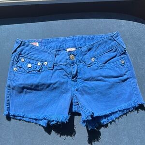 True Religion Blue Jean Shorts with Frayed Edges